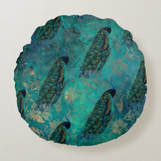 Söt Teal Peacock Rund Kudde (Framsidan)