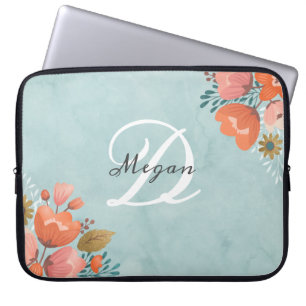Söt Teal Rosa Blommigt Monogram Laptop Fodral