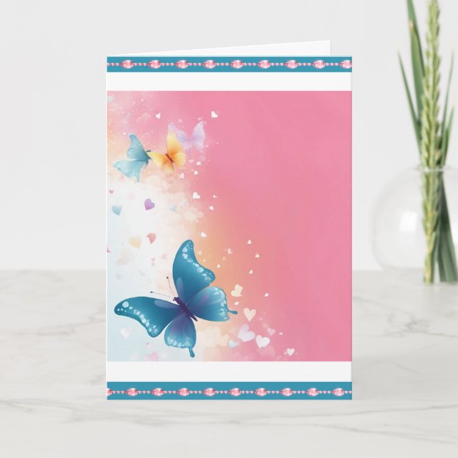 Söt Teal & Rosa Butterfly Greeting Card Meddelande (Framsida)