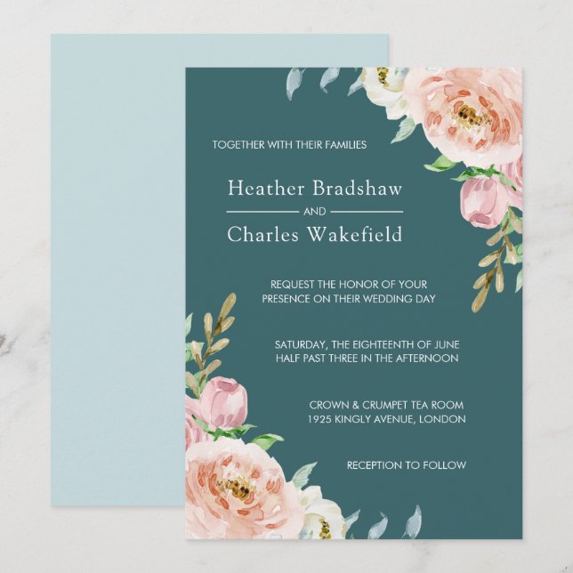 Söt Teal Watercolor Blommigt Bröllop Inbjudningar (Fram/baksida)