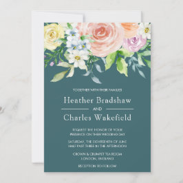 Söt Teal Watercolor Blommigt Bröllop Inbjudningar