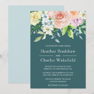 Söt Teal Watercolor Blommigt Bröllop Inbjudningar