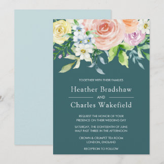 Söt Teal Watercolor Blommigt Bröllop Inbjudningar