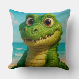 Söt tecknad alligator som ler på en tropisk strand kudde