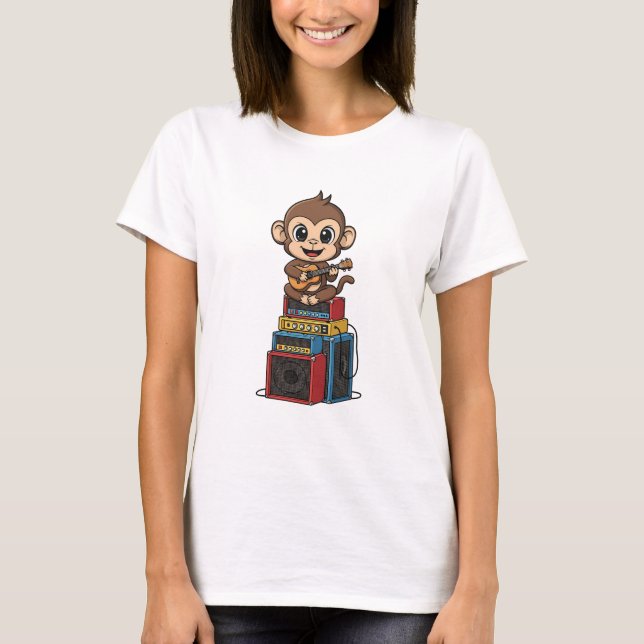 Söt Tecknad Apa Musiker Spelar Ukulele T Shirt (Framsida)