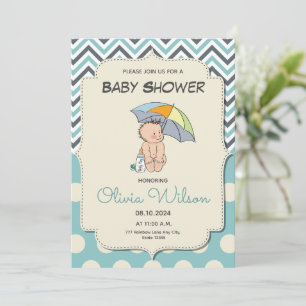 Söt Tecknad Bebis Blå Pojke Baby Shower Inbjudningar