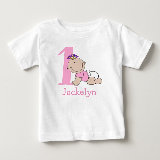 Söt Tecknad Bebis Flickas 1-årsdag T Shirt (Framsida)
