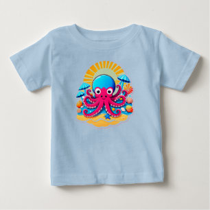 Söt tecknad bläckfisk på solig strand med skal t shirt