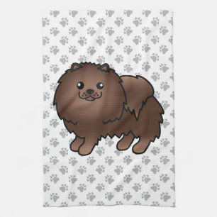 Söt Tecknad Brun Pomeranian Hund & Tassar Kökshandduk