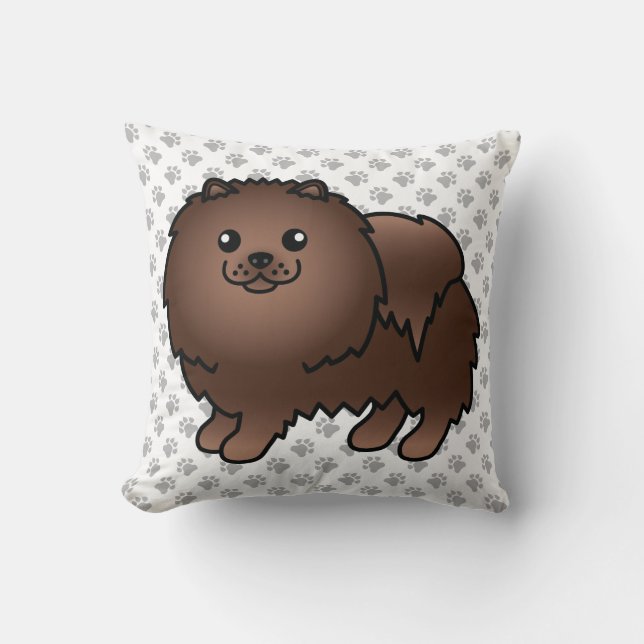 Söt Tecknad Brun Pomeranian Hund & Tassar Kudde (Framsida)