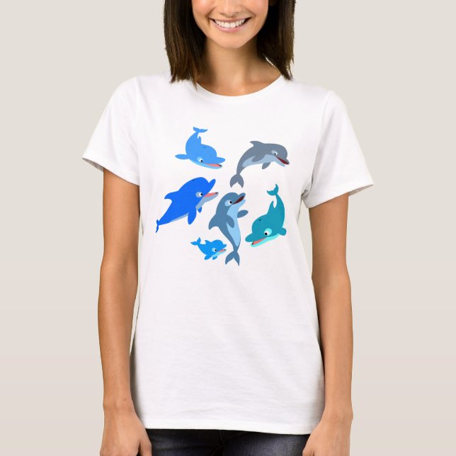 Söt Tecknad Delfinflock Kvinnor T-Shirt (Framsida)