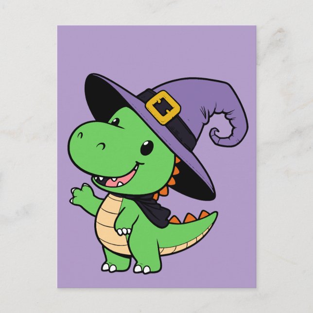 söt tecknad dino häxhalloween vykort (Framsida)