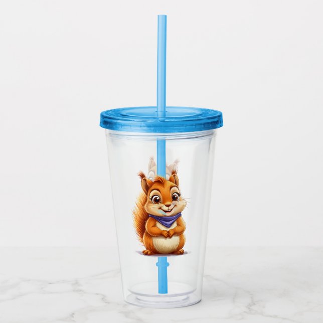 Söt tecknad ekorre med blå halsduk take away mugg (Framsida)