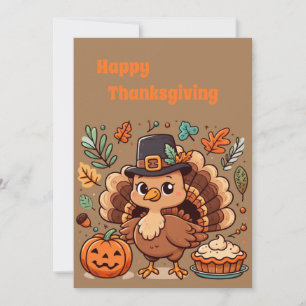 Söt tecknad film Thanksgiving kalkon och pumpa Julkort