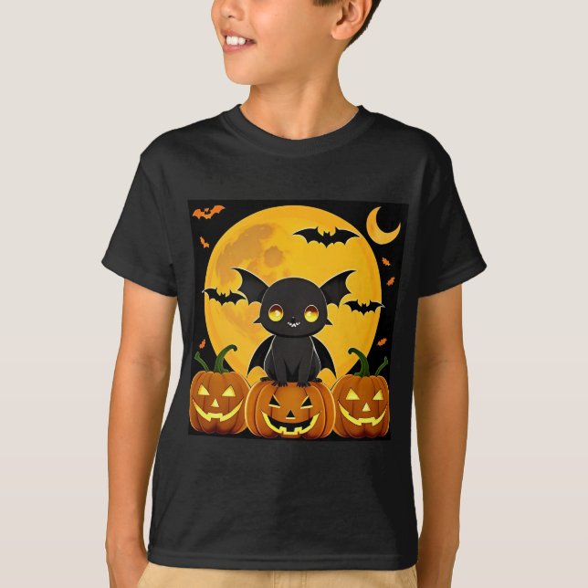 Söt tecknad fladdermus och jack-o'-lantern pumpa t shirt (Framsida)