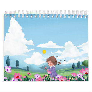Söt Tecknad Flickas Blommiga Anteckningsbok Kalender