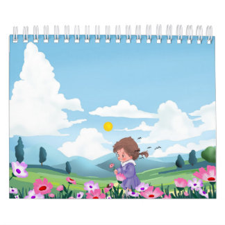 Söt Tecknad Flickas Blommiga Anteckningsbok Kalender