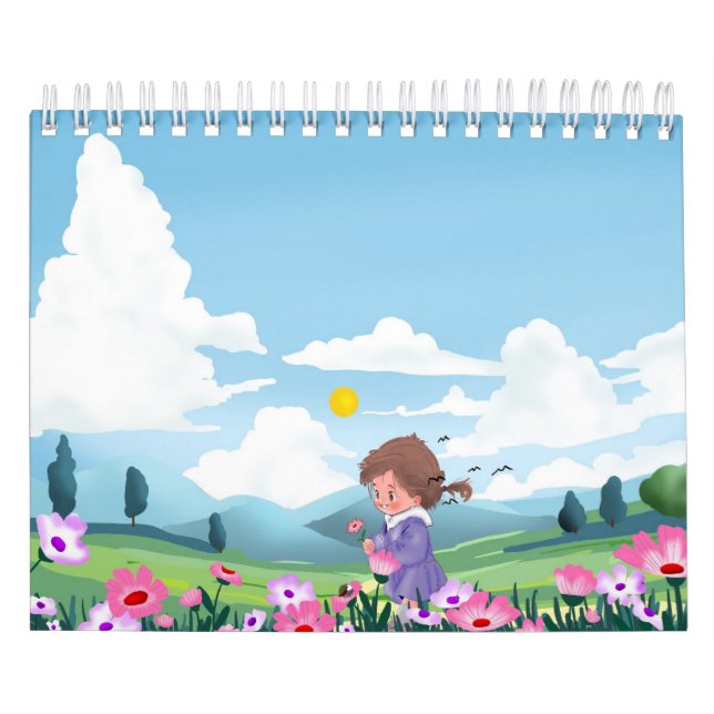 Söt Tecknad Flickas Blommiga Anteckningsbok Kalender (Omslag)