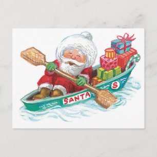 Söt tecknad glad jultomte i en roddbåt helg vykort