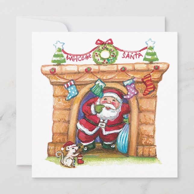 Söt tecknad glad tomte som kommer ner genom skorst julkort (Framsida)