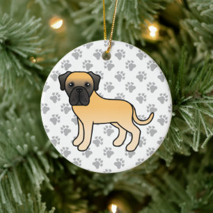 Söt tecknad hund av rasen engelsk mastiff med rådj julgransprydnad keramik