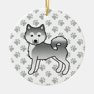 Söt tecknad hund av silverfärgad Alaskan Malamute Julgransprydnad Keramik