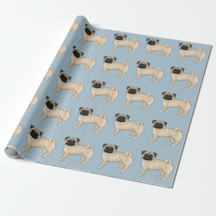 Söt Tecknad Hund Fawn Mops Design Mönster Blå Presentpapper