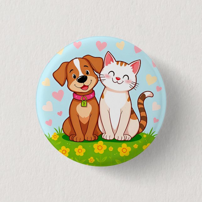 Söt tecknad hund och katt som sitter tillsammans knapp (Framsida)