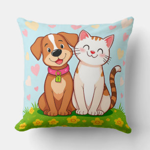 Söt tecknad hund och katt som sitter tillsammans kudde