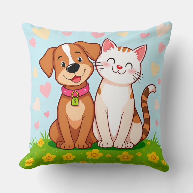 Söt tecknad hund och katt som sitter tillsammans kudde (Framsida)