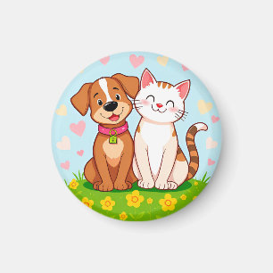 Söt tecknad hund och katt som sitter tillsammans magnet