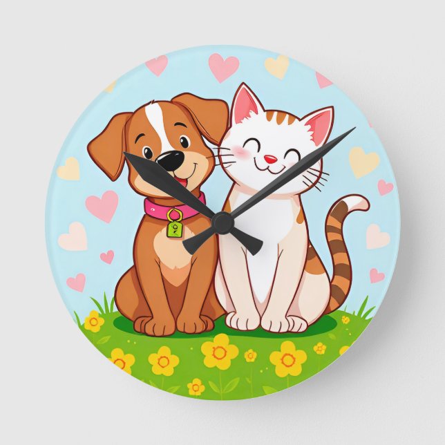 Söt tecknad hund och katt som sitter tillsammans rund klocka (Framsida)