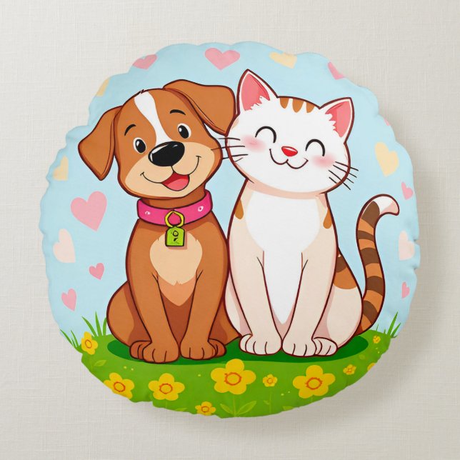 Söt tecknad hund och katt som sitter tillsammans rund kudde (Framsidan)