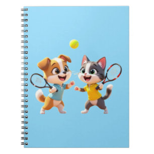 Söt Tecknad Hund och Katt som Spelar Padel Tennis Anteckningsbok