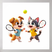 Söt Tecknad Hund och Katt som Spelar Padel Tennis