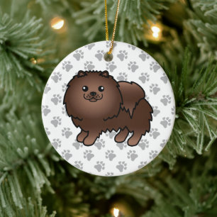 Söt Tecknad Hund & Tassar av Brun Pomeranian Julgransprydnad Keramik