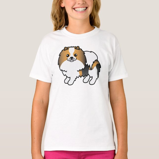 Söt tecknad hund, trefärgad Pomeranian T Shirt (Framsida)