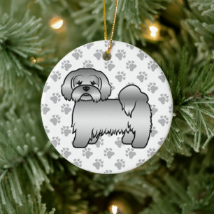 Söt Tecknad Hundillustration av Silver Lhasa Apso Julgransprydnad Keramik