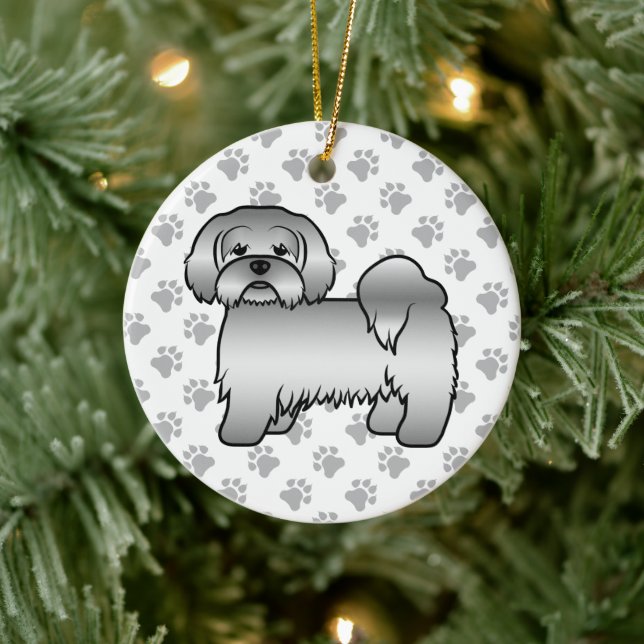 Söt Tecknad Hundillustration av Silver Lhasa Apso Julgransprydnad Keramik (Träd)