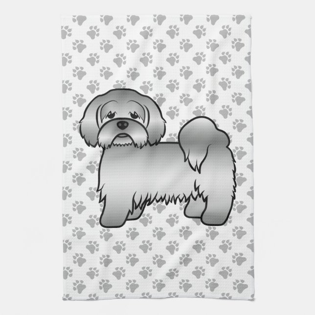 Söt Tecknad Hundillustration av Silver Lhasa Apso Kökshandduk (Vertikal)