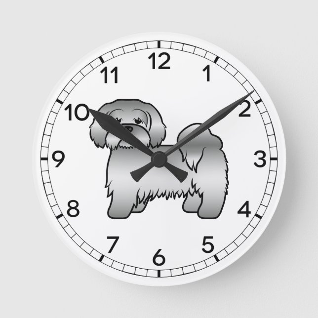 Söt Tecknad Hundillustration av Silver Lhasa Apso Rund Klocka (Framsida)