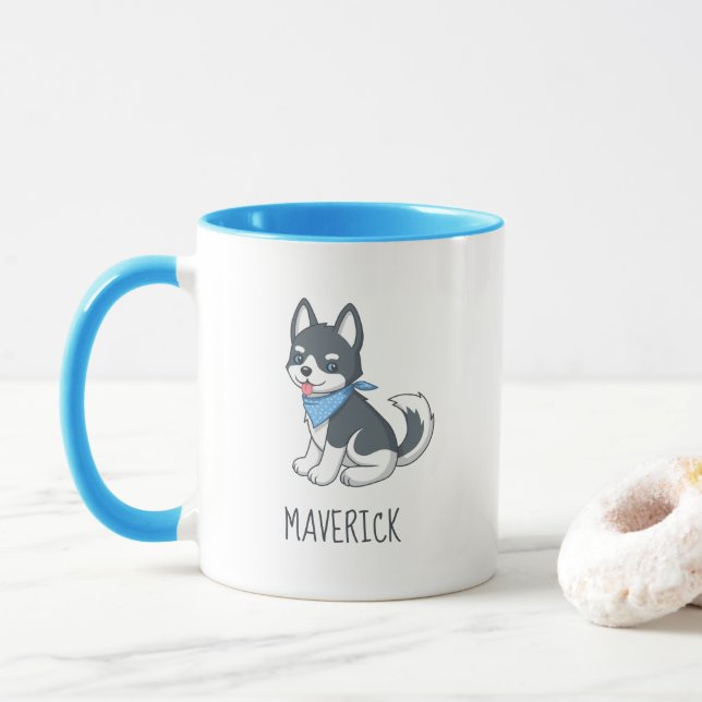 Söt Tecknad Husky Valp Hund Anpassat Namn Mugg (Med munk)