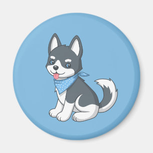 Söt Tecknad Husky Valp på Blått Magnet