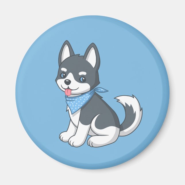 Söt Tecknad Husky Valp på Blått Magnet (Framsidan)