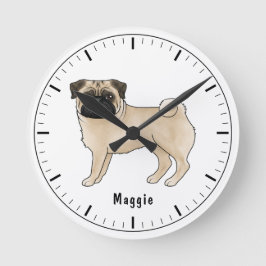 Söt Tecknad Illustration Av Fawn Pug Hund Med Namn Rund Klocka
