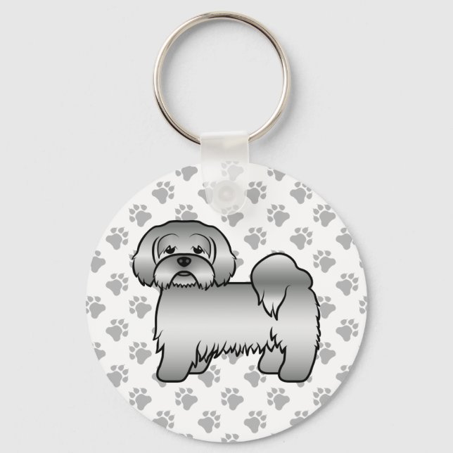 Söt tecknad illustration av silver Lhasa Apso hund Nyckelring (Framsida)