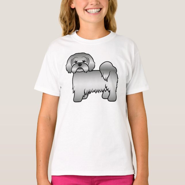 Söt Tecknad Illustration av Silver Lhasa Apso Hund T Shirt (Framsida)