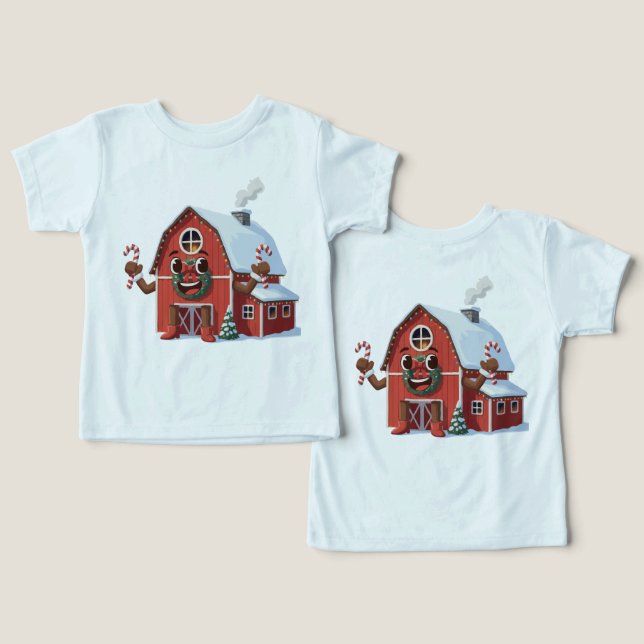 Söt tecknad jul röd lada - Festlig gård T Shirt (Design fram och bak)