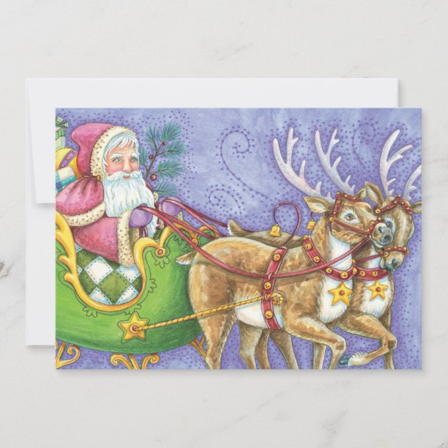 Söt tecknad jul tomte släde renar julkort (Framsida)