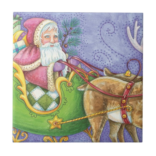 Söt tecknad jul tomte släde renar kakelplatta (Framsidan)